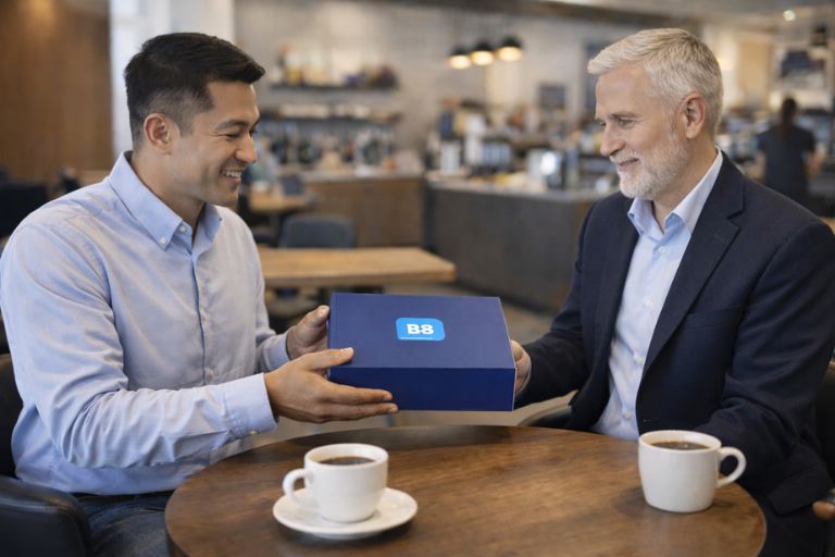 Two men sitting at a table in a cafe setting, one hands a custom LEGO set to the other.