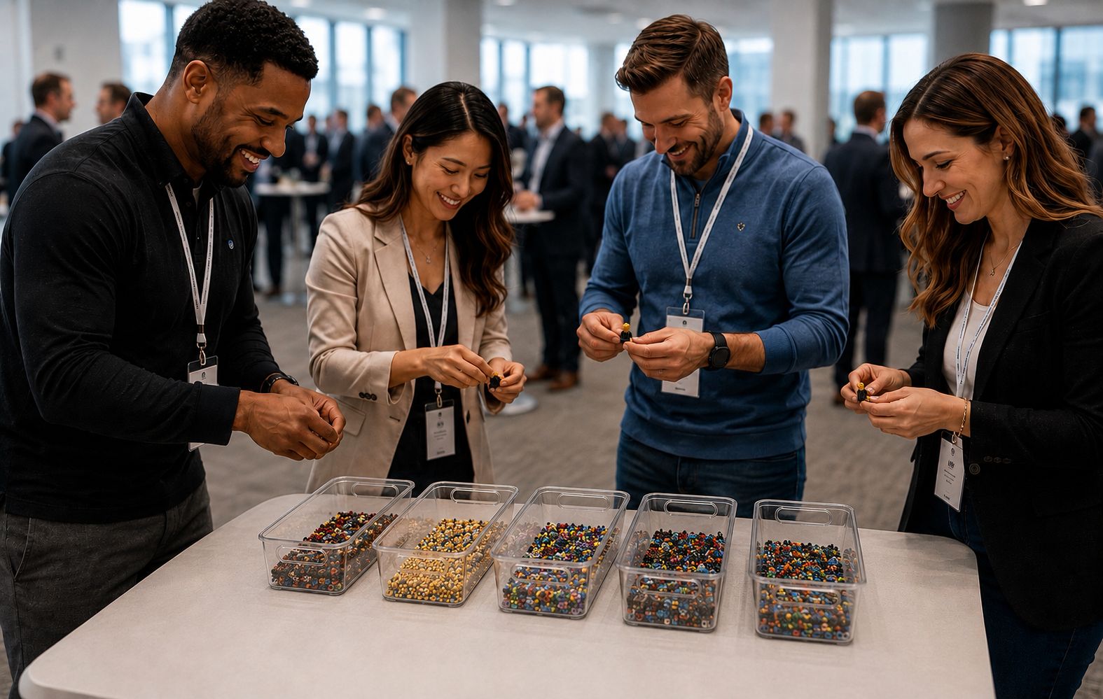 Group of people at a table with a build-a-minifigure bar activity.