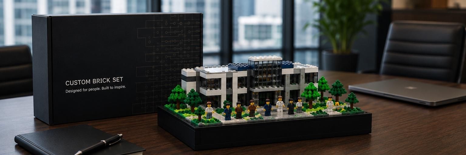 Custom brick set on a desk with a black box.