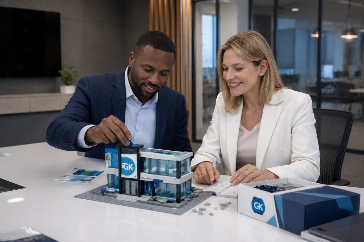 Two people working on a custom LEGO set for a business