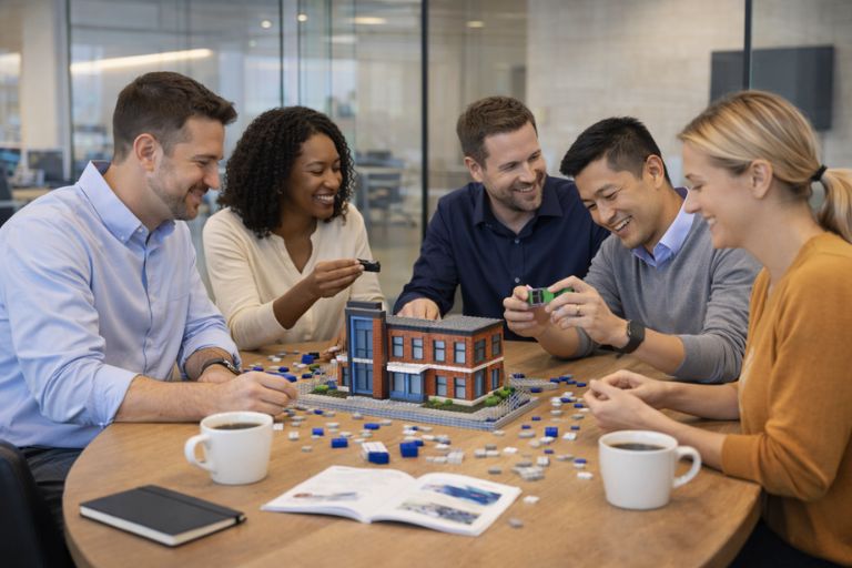 Group of people playing with custom LEGO set in a office