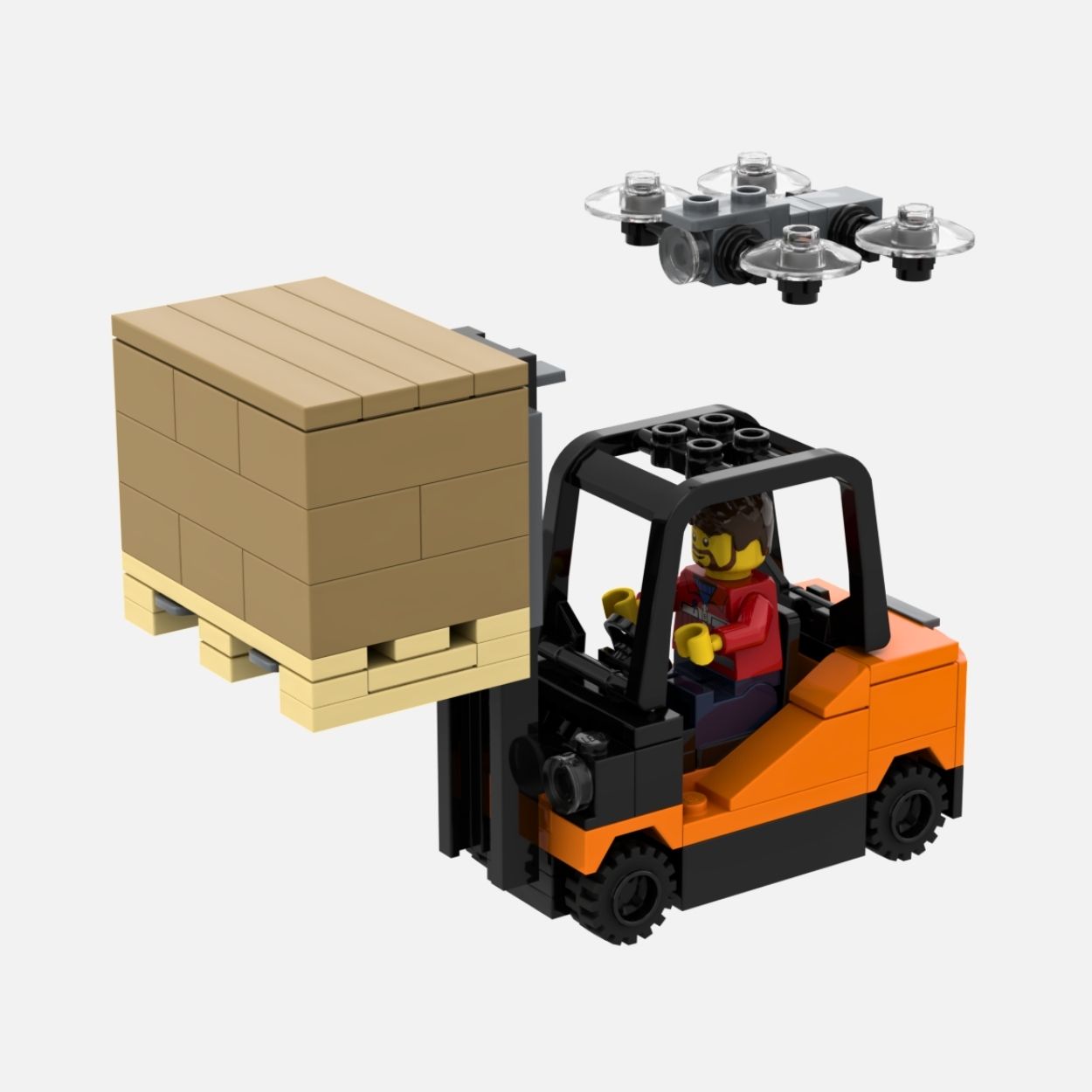 A LEGO set showing an orange and black forklift with a minifigure driver, carrying a tan palletized cargo box, with a small gray drone floating above