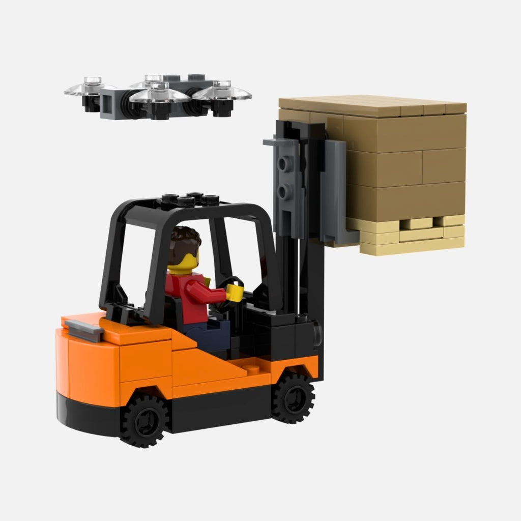 A LEGO set showing an orange and black forklift with a minifigure driver, carrying a tan palletized cargo box, with a small gray drone floating above
